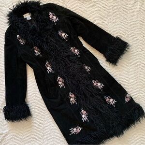 Black Suede & Faux Fur Embroidered Coat